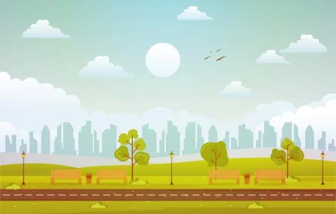 Summer Spring View in City Park Outdoor Landscape Flat Illustration Illustrazione stock