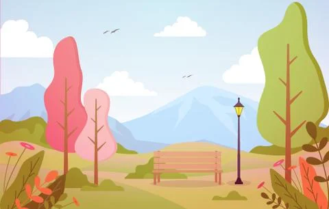 Summer Spring View in City Park Outdoor Landscape Flat Illustration Illustrazione stock