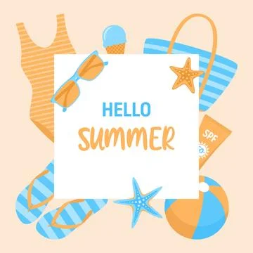 Summer square template with beach items frame. Vector illustration Stock Illustration