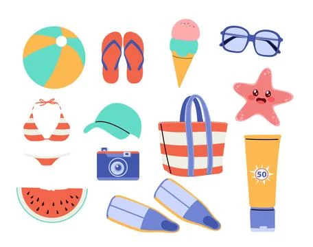 Summer Stickers Set Beach Items Cartoon Stock Illustration