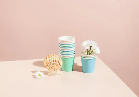 Summer Still life stack of recyclable colorful paper cups Stock Photos
