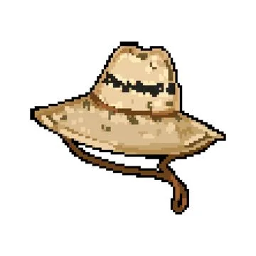 Summer straw hat pixel art vector illustration Stock Illustration