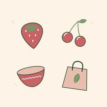Summer strawberry and cherry fruit market. Decorative flat vector composition Illustrazione stock