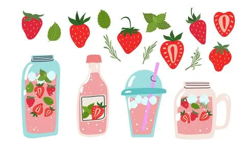 Summer strawberry lemonade set vector illustration. Collection beverage wit.. Illustrazione stock