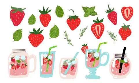 Summer strawberry lemonade set vector illustration. A collection of beverag.. Stock Illustration