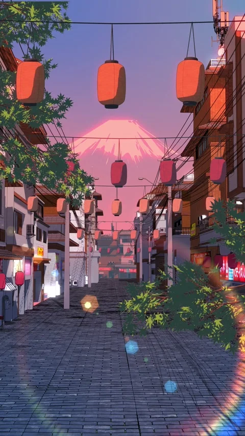 Summer Street with Lanterns and Mount Fuji - Cozy Japanese Anime Loop vertical Stock Footage 335575389