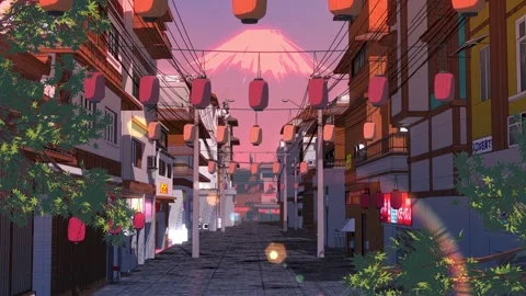 Summer Street with Lanterns and Mount Fuji - Cozy Japanese Anime Loop 4K Stock Footage 335575426