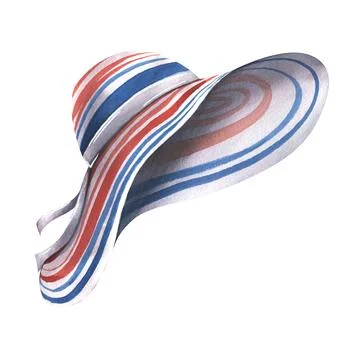 Summer, striped, beach hat in white, blue and red. Watercolor illustration, hand Stock Illustration