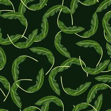 Summer style jungle seamless pattern with random banana leaf ornament. Dark g Illustrazione stock