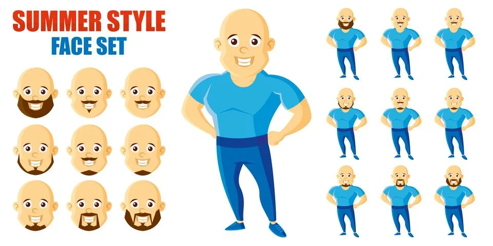 Summer Style Man Face Set Cartoon character Stock Illustration