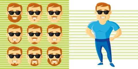 Summer Style Man Face Set Cartoon character Stock Illustration