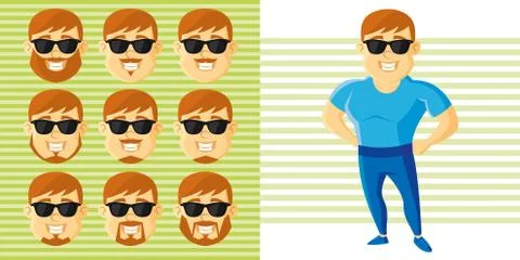 Summer Style Man Face Set Cartoon character Stock Illustration