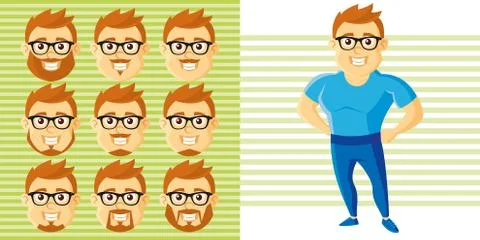 Summer Style Man Face Set Cartoon character Stock Illustration