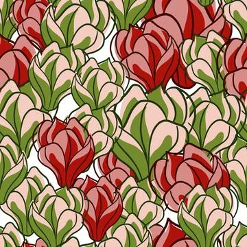 Summer style seamless pattern with green and red colored random magnolia flow 스톡 일러스트