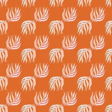 Summer style seamless pattern with little palm leaf elements. Orange backgrou Ilustración de archivo