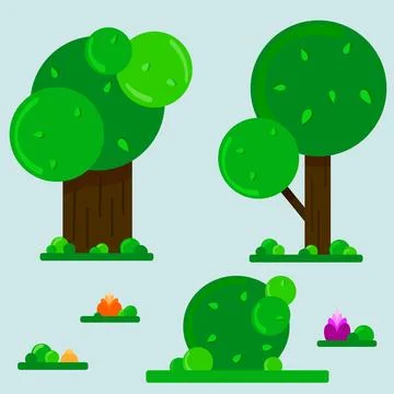 Summer stylized trees and bush with grass in the background Stock Illustration
