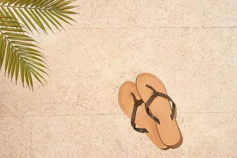 Summer sun beach concept flat lay. Palm leave and beach shoe Stock Photos