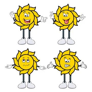 Summer Sun Face set. sun character with arm and leg in different expressions. Stock Illustration