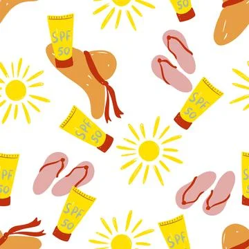 Summer sun flip flops, sunscreen, and a straw hat in vibrant vector seamless Stock Illustration