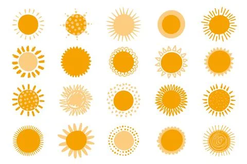 Summer sun, hand drawn sketch yellow elements. Doodle morning sunshine objects Stock Illustration