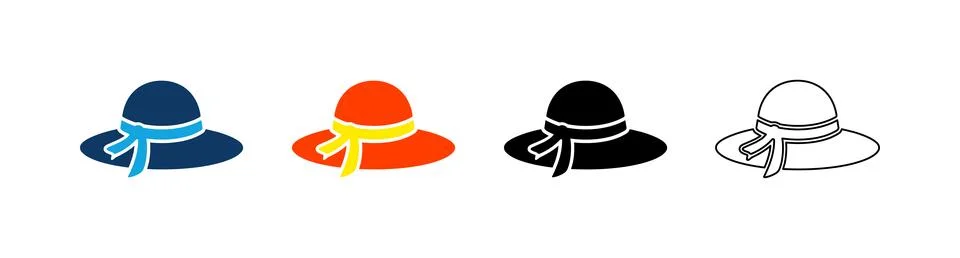 Summer sun hat icon set containing colored and outline versions. Straw beac.. Stock Illustration