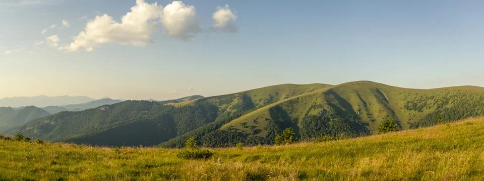 Summer sunlight casting long shadows over undulating green hills and alpine.. Stock Photos