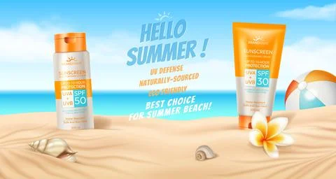 Summer Sunscreen Advertisement on Beach Scene Stock Illustration