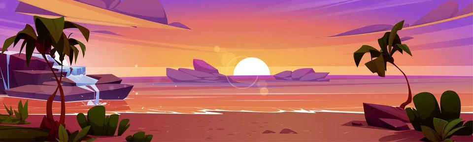 Summer sunset beach with palm tree and orange sky Stock Illustration