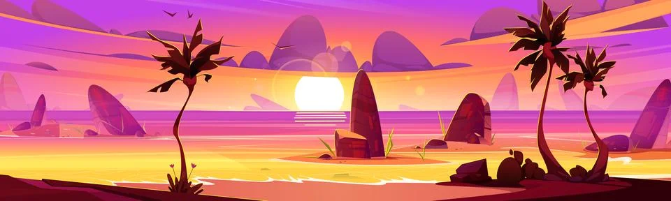 Summer sunset beach with palm vector background Stock Illustration