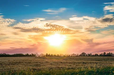 Summer sunset in the clouds over the field . Stock Photos