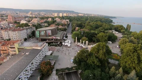 Summer Sunset Drone View of Central Varna and Sea Garden. EU July 2019 Stock Footage 323454525
