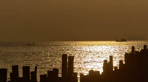 Summer sunset light bamboo pier horizon panorama hd phuket thailand Stock Footage 64565520