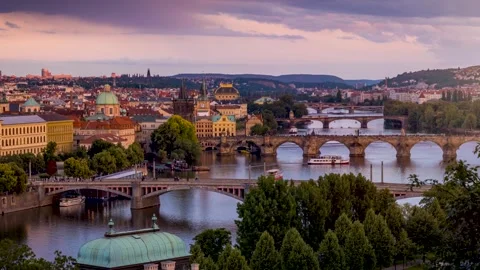 Summer sunset to night time lapse of the cityscape of Prague Stock Footage 281827496