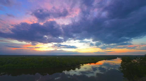 Summer Sunset Over The River and Field. Stock Footage 63076405