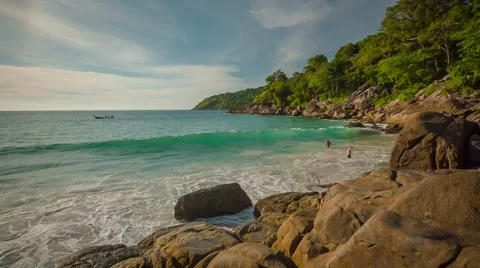 Summer sunset private freedom beach waves panorama hd phuket thailand Stock Footage 64565705