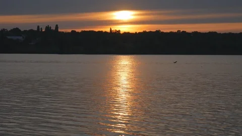 Summer sunset similar to a flash on the background of a calm river Stock Footage 116562169