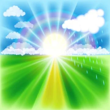 Summer sunset,  summer rain, rainbow and yellow road. vector background. Stock Illustration