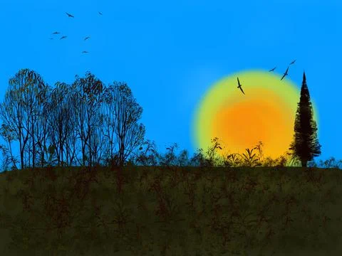 Summer sunset in the trees Stock Illustration