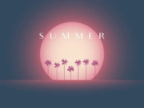 Summer sunset vector landscape background with palms silhouette and glowing sun. Stock Illustration