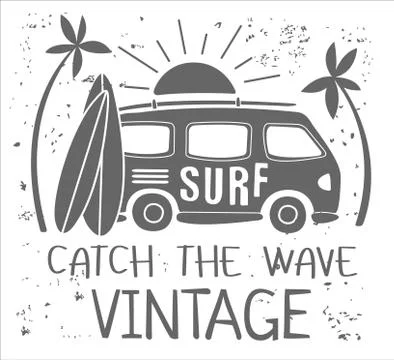 Summer Surf Print with a Mini Van, Palm Trees and Lettering. Vector Illustartion Stock Illustration