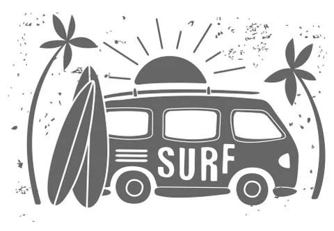 Summer Surf Print with a Mini Van, Palm Trees and Lettering. Vector Illustartion Stock Illustration