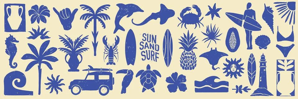 Summer surf set, vector hand drawn tropical vacation graphic Illustrazione stock