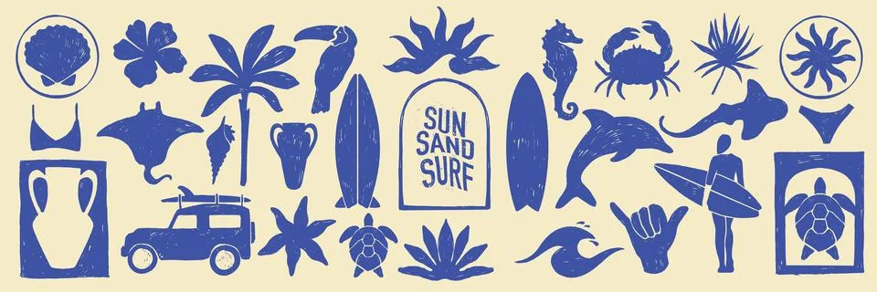 Summer surfboard icon set, vector hand drawn tropical ocean collection Stock Illustration