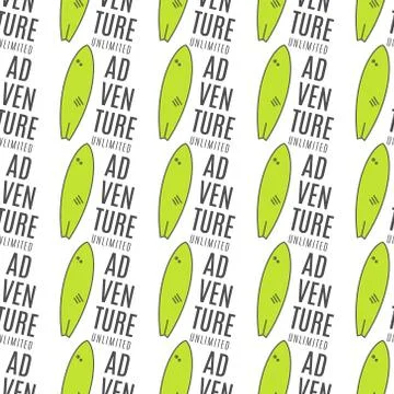 Summer surfing adventure patterns. Vacation seamless design with surf board and Stock Illustration