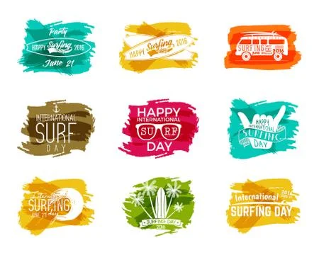 Summer surfing day graphic elements. Vector Vacation typography emblems set Stock Illustration