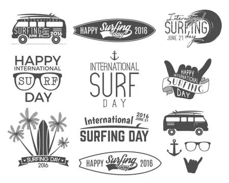Summer surfing day graphic elements. Vacation typography emblems set. Surfer Stock Illustration