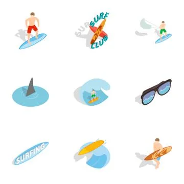 Summer surfing elements icons set Illustrazione stock