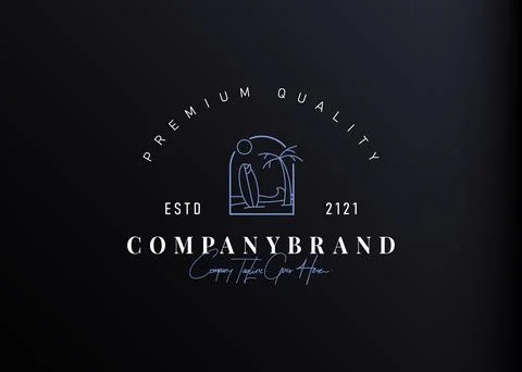 Summer surfing logo design. Vector illustration of seaside view with coconut  스톡 일러스트