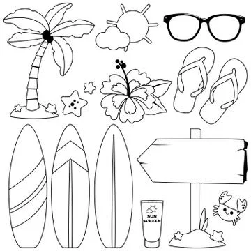 Summer surfing set. Vector black and white coloring page Ilustração Stock
