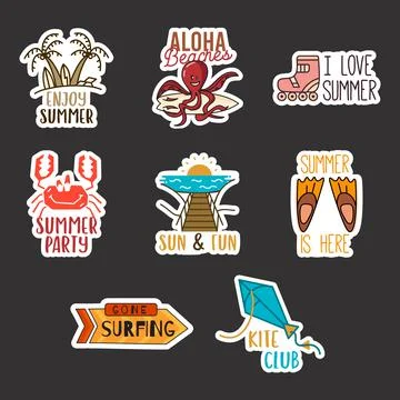 Summer surfing stickers design bundle. Travel hand drawn emblems. Mountain Stock Illustration